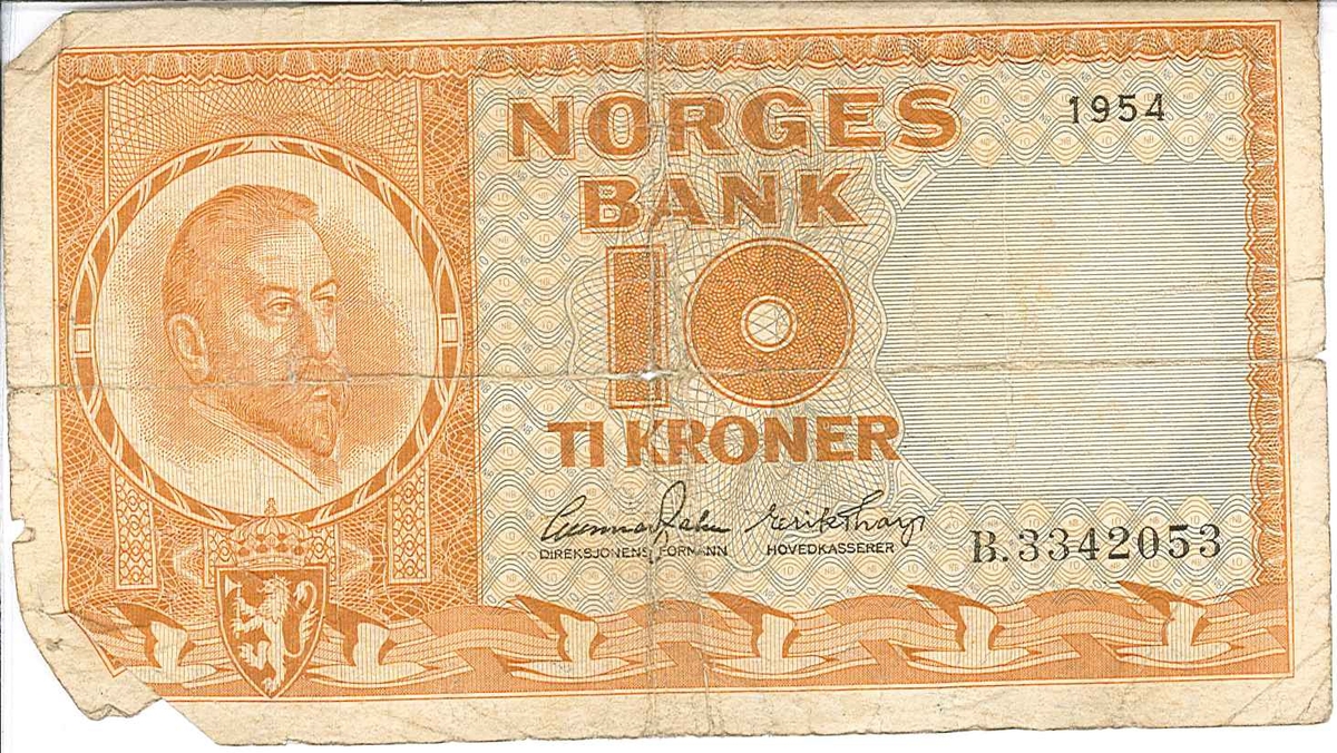 Oransje og kvit pengeseddel. Ti norske kroner.