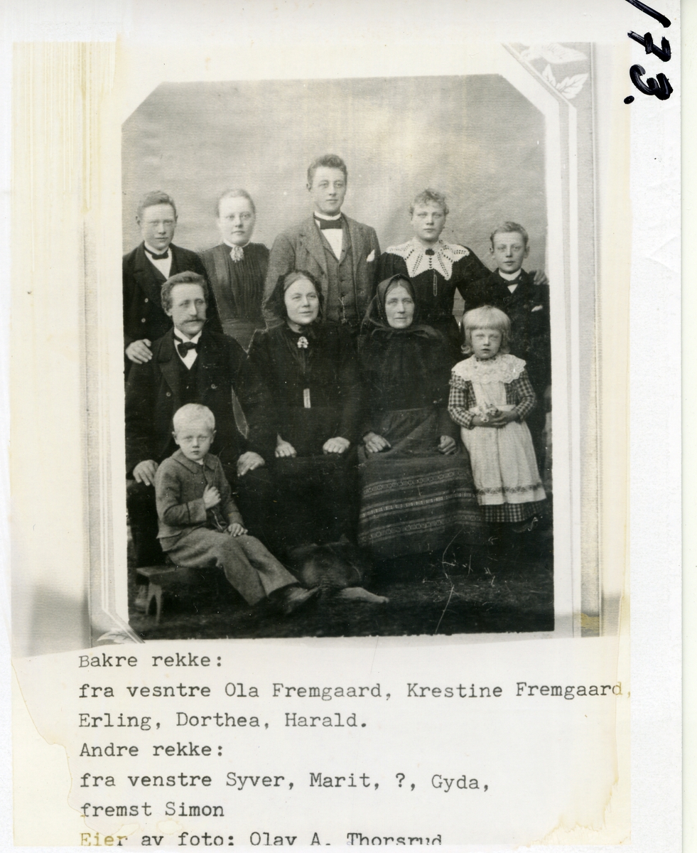Familien Fremgaard, Bagn. Fremst: Simon. Første rekke fra venstre: Syver, Marit, Ukjent, Gyda. Andre rekke fra venstre: Ola, Krestine, Erling; Dorthes, Harald.
