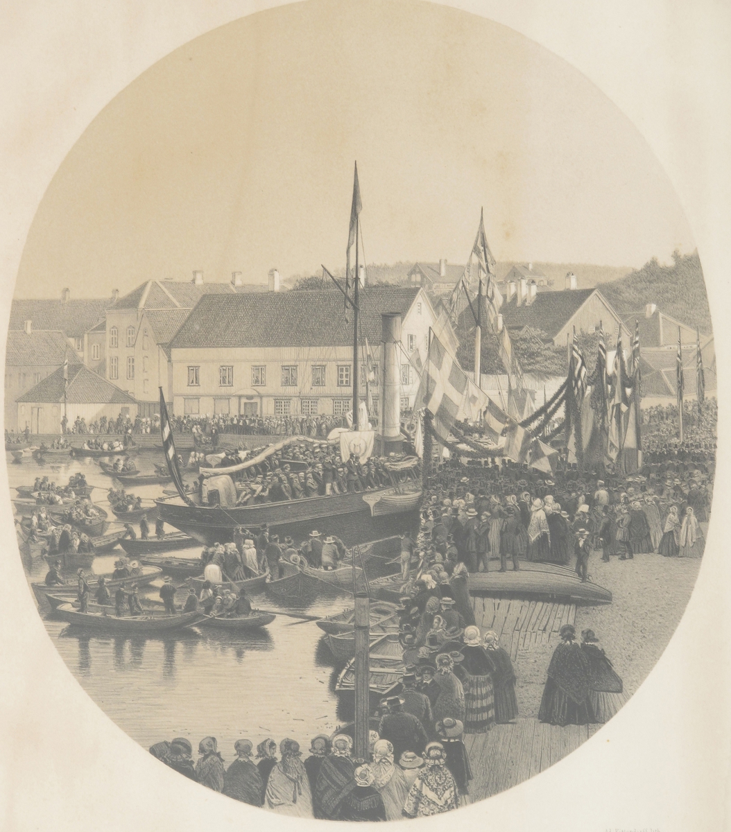 Sangerfesten i Arendal 1859:  Landstigningen. . Bildet viser landstigning  innerst i Pollen, med det gml. Politikammeret i bakgr.  Se Arendal fra For tid til Nutid (1923) s. 497 ff.