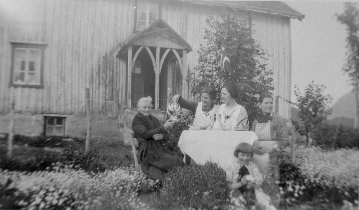 Kaffeselskap i hagen. Å i Tranøy ca 1928