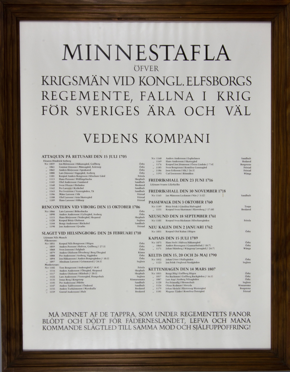 Minnestavla med tryckt text på papper med uppgift om stupade soldater vid Kongl. Elfsborgs regemente, Vedens kompani under åren 1705-1807. Skyddglas och profilerad brunmålad träram.