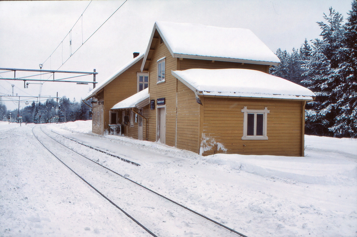 Sandermosen stasjon, stasjonsbygning, en vinterdag.
