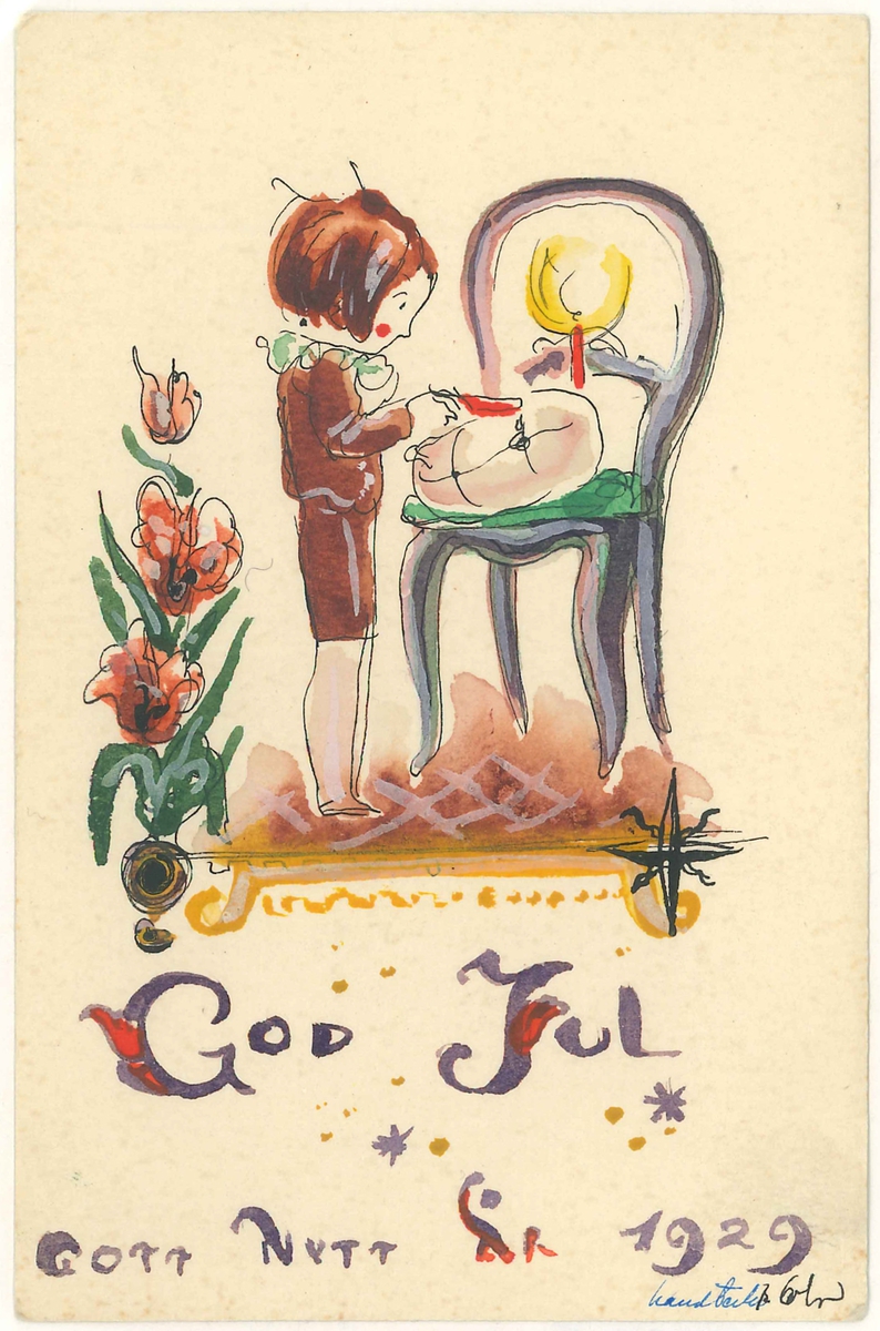 Julkort och Nyårskort. Tryckt. På kortet står "God Jul och Gott Nytt År 1929".

Motiv på kortet är en pojke som står vi den stol och lackar ett paket. 

Kortet ingår i en samling påsk-, jul-, nyårs- och födelsedagkort.