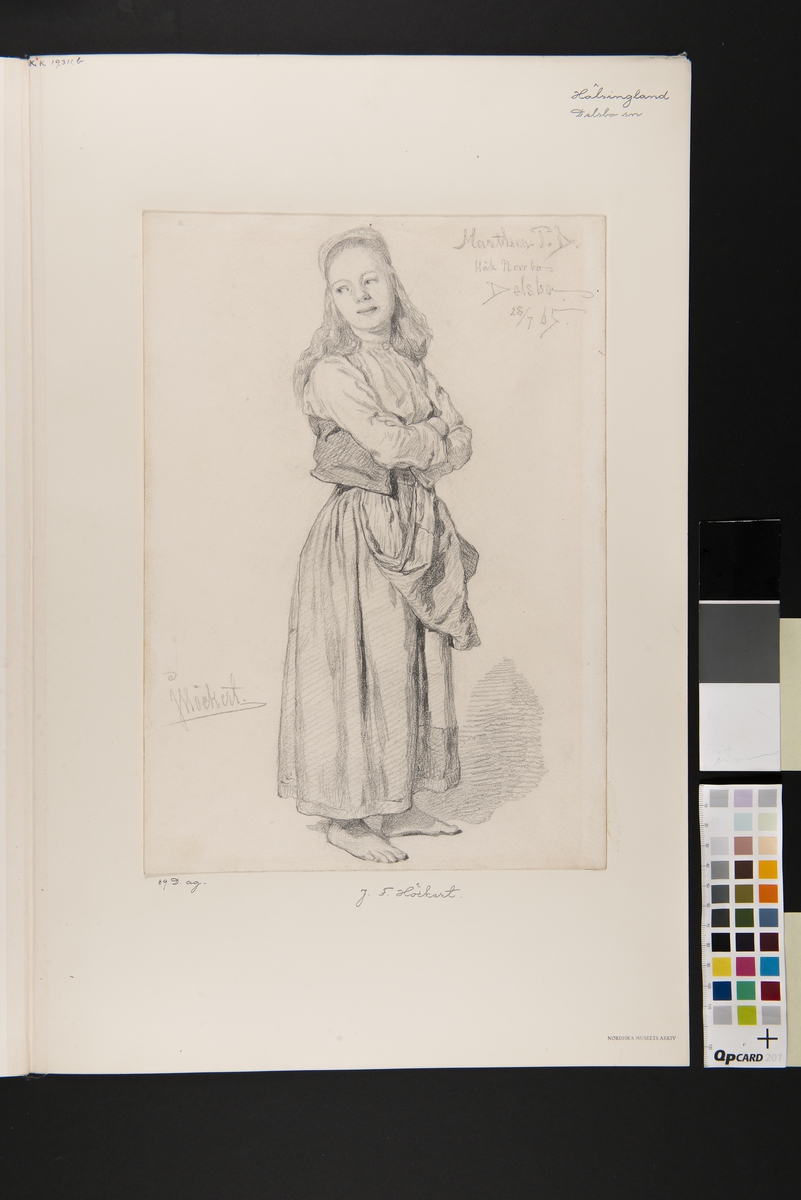 Blyertsteckning av J. F Höckert. Kvinna i dräkt . Martha T. D. Håk Norrbo, Delsbo 28/7 1865.