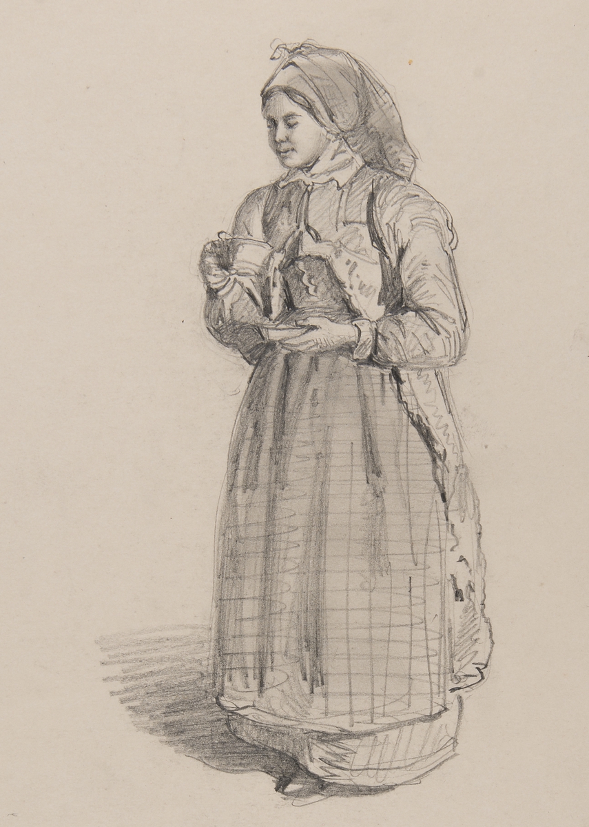 Dräkt. Blyertsteckning kvinna med kaffekopp. av J.W Wallander