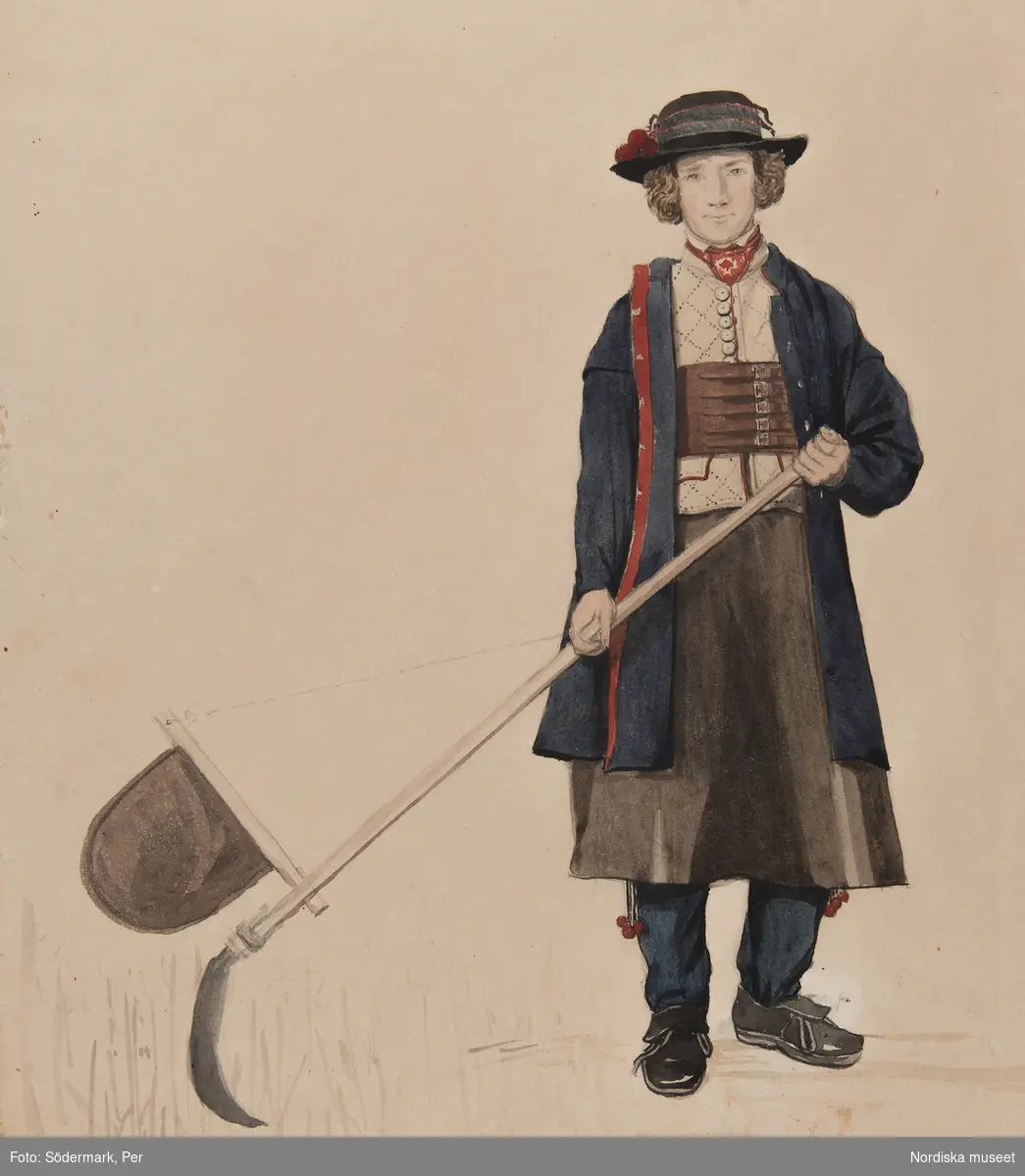 Pojke i Rättviksdräkt med lie. Akvarell av P.Södermark.
