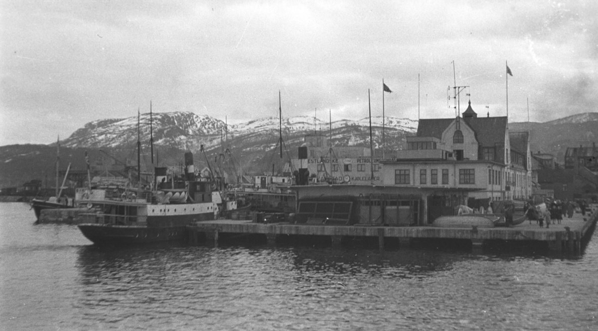 Havneområdet i Harstad med Troms Fylkes Dampskibsselskaps ASA (TFDS ASA)  lokaler.  M/S Salangen ligger ved kaienden foran i bildet, bak skipet ligger to andre TFDS dampskip. TFDS er et norsk rederi som ble stiftet i 1866 under navnet Tromsø Amts Dampskibsselskap. M/S Salangen slet fortøyningene i 1972 under en storm og drev på land ved Vinjesjøen i Bø. Sank på grunt vann og ble siden kondemnert.