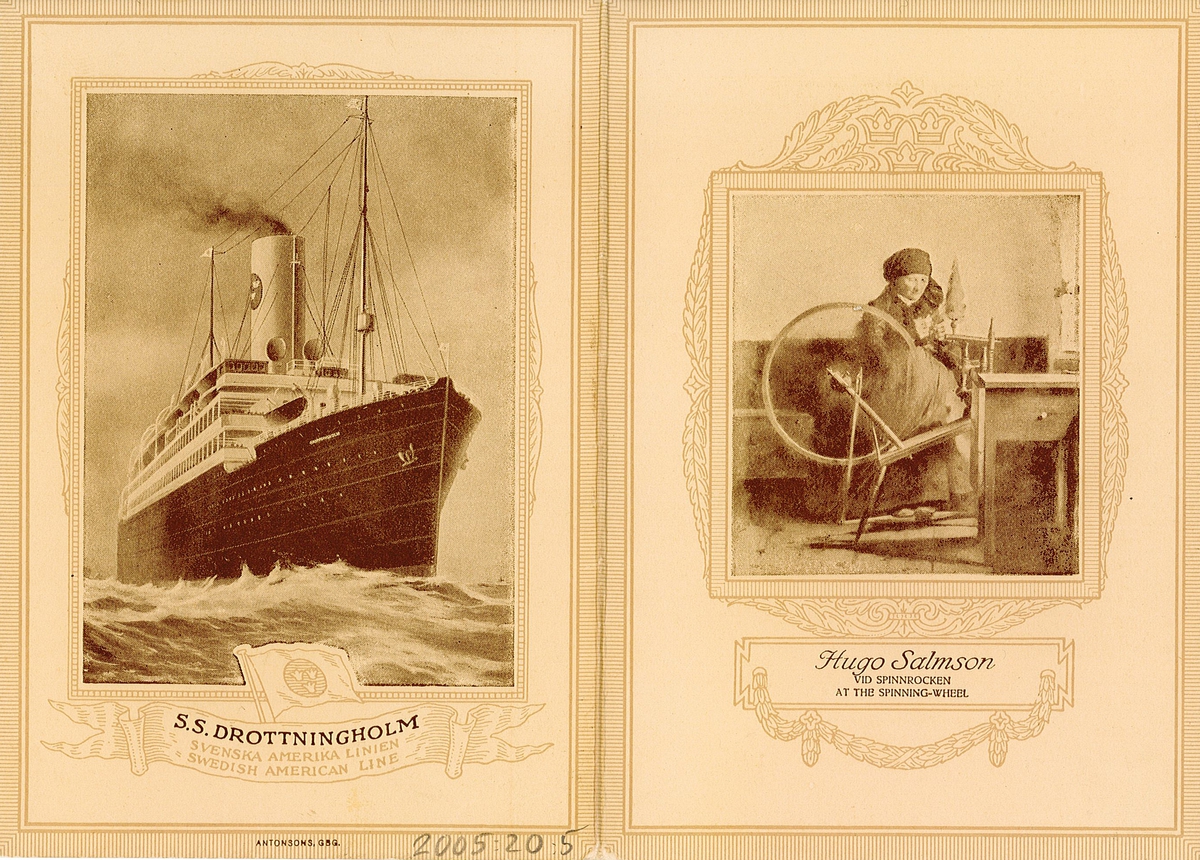Tryck meny för SS Drottningholm andra klass för lördagen den 31 maj 1924. På framsidan reproduktion av Hugo Salmson "Vid spinnrocken". På baksidan bild av S. S. Drottningholm.