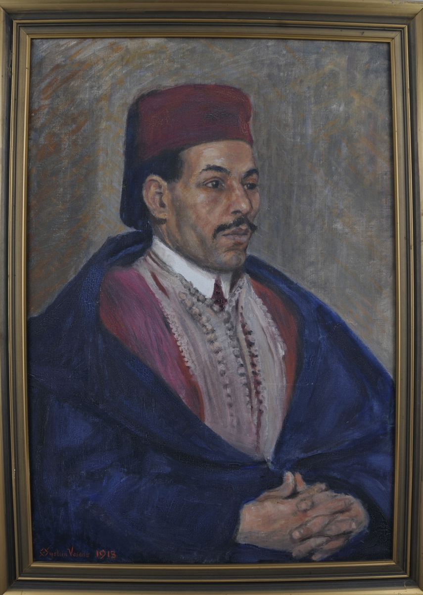 Portrett av ein araber, i tradisjonelt kostyme.  Araberen har sjølv sete modell for Øystein Vesaas.