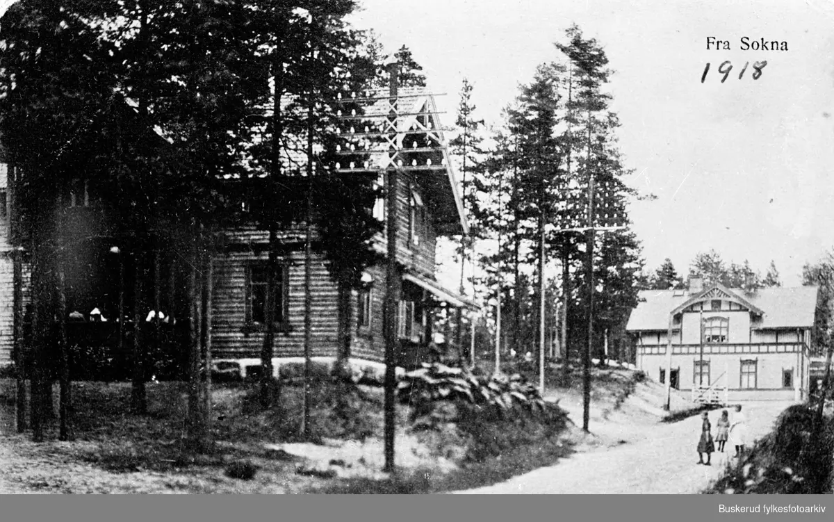 Fra Sokna.

Skogly, til høyre jernbanestasjonen

1918