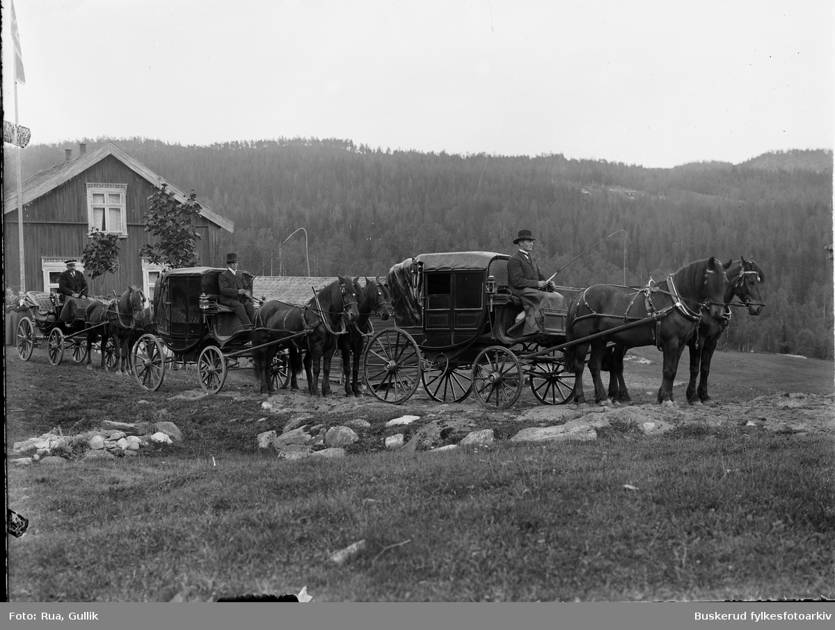 Tre hester med vogner 
Bryllupsferd til Rønningdalen
Bryllup til Ragna Marie Rønningsdalen (1883-1956) og Peder Hermanson Usler (1879-1945)
1904