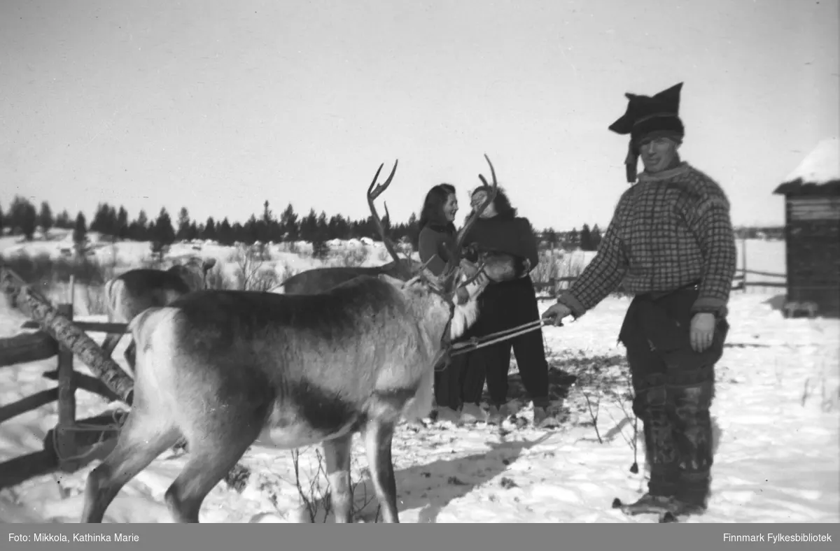 Pakanajoki 1937. Frans Labahå holder tømmene til en kjørerein. I bakgrunnen søstrene Kari (til venstre) og Ingrid Mikkola med en annen kjørerein