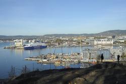 Utsikt fra Ekeberg, havn, fjord, panorama, Bjørvika, Barcode