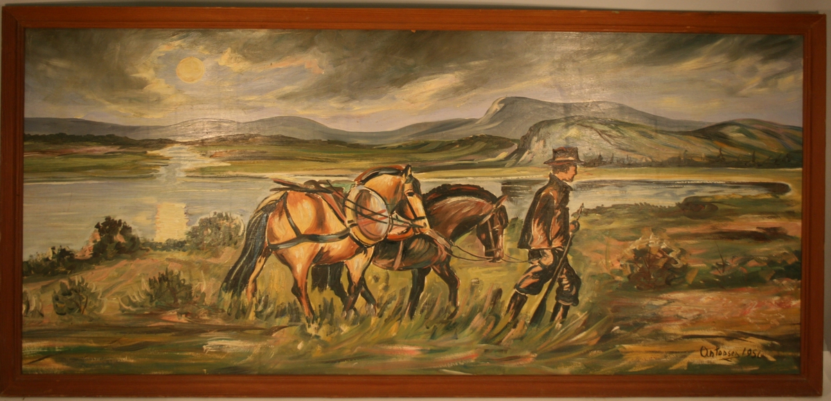 Maleri av mann med hester ute i naturen.