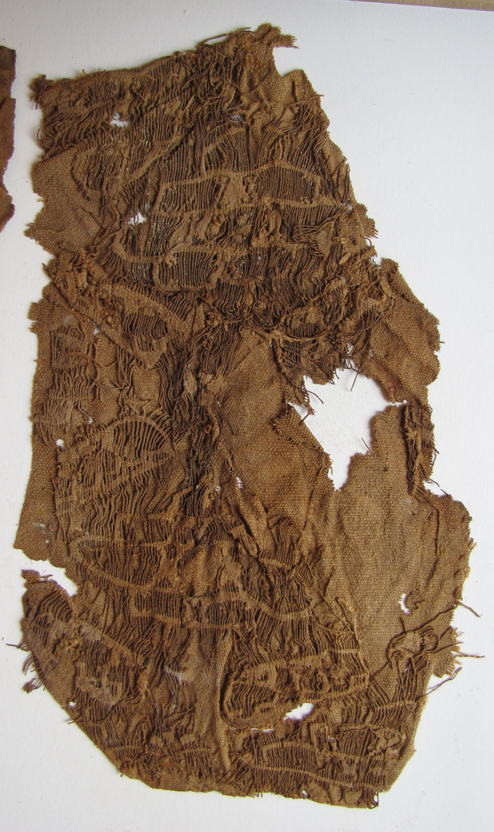 01 419: Prydnad, gobelängvävd, koptiskt fragment. Fragmentet är i det närmaste förstört . Endast en del av varpen och inslagen där de varit som hårdast packat finns kvar. Prydnaden  har vid något tillfälle sytts upp på annat tyg.

Tillhör egyptiska samlingen