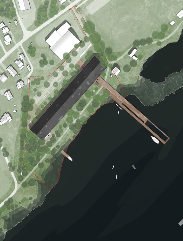 Tegning av et kart over område med både bygninger og natur, deriblant vannkanten. Kartet er tegnet ovenifra.