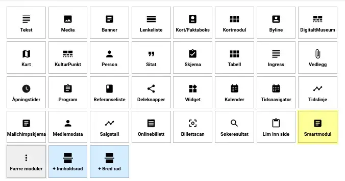 Figur som viser alle innholdsmodulene som finnes i Museum24.