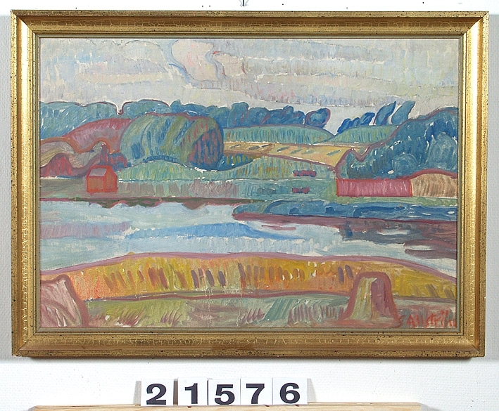 Oljemålning föreställande ett landskap.