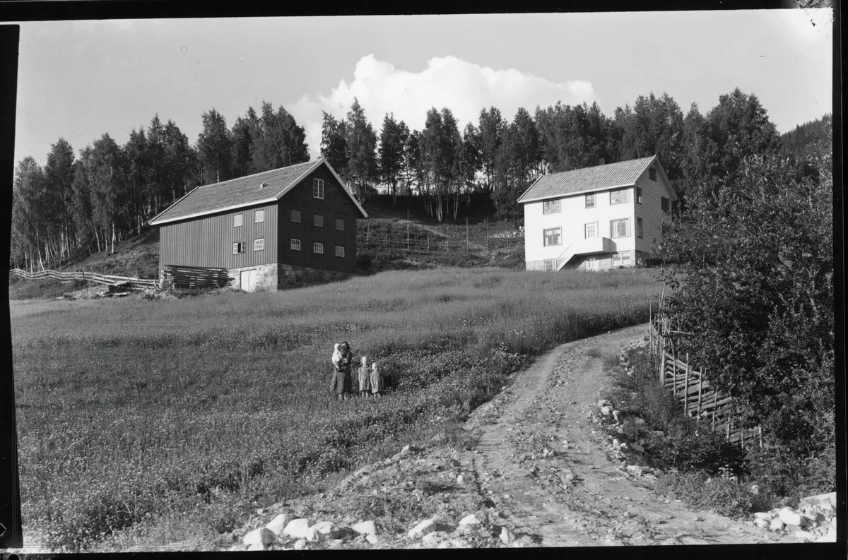 Gårdsbruket Hammerengen med nytt våningshus og låve. Kvinne og tre barn står i ei eng i forgrunnen.