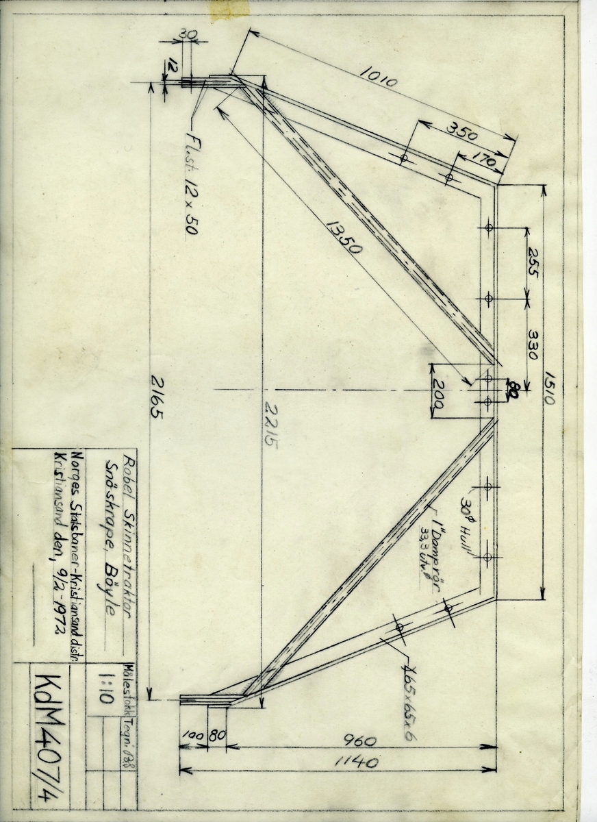 Kalkertegning / teknisk tegning til Roble skinnetraktor, snøskrape, bøyle (Original)
Målestokk 1:10
9/2-72
KdM 407/4
Størrelse A4