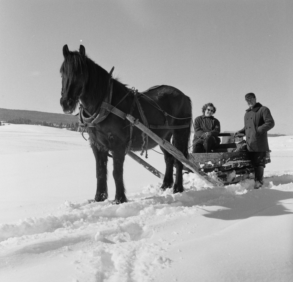 Astrid og Finn Stokker ved hest og slede vinter 1960-63.