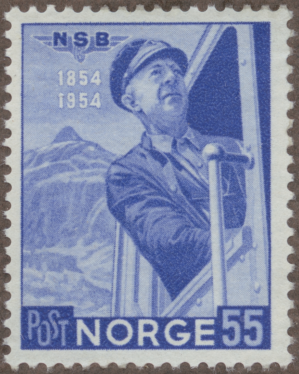 Frimärken ur Gösta Bodmans filatelistiska motivsamling, påbörjad 1950. Frimärke från Norge, 1954. Motiv av Lokförare på utkik "Norges järnvägar 100 år 1854-1954."