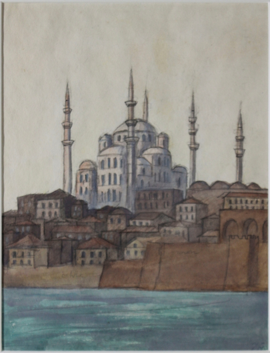 Hagia Sofia i Konstantinopel, Turkiet, sett från vattnet. På baksidan av målningen står att den är målad från lasaretts fartyg maj 1919. Se bilaga för exakt översättning av uppgifterna på baksidan.
