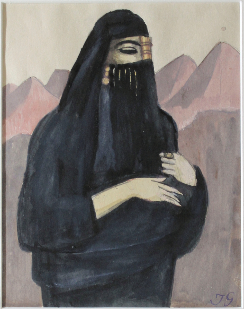 Porträtt av kvinna i niqab, hennes klädsel tyder på att hon var hemmahörande i någon av gulfstaterna.