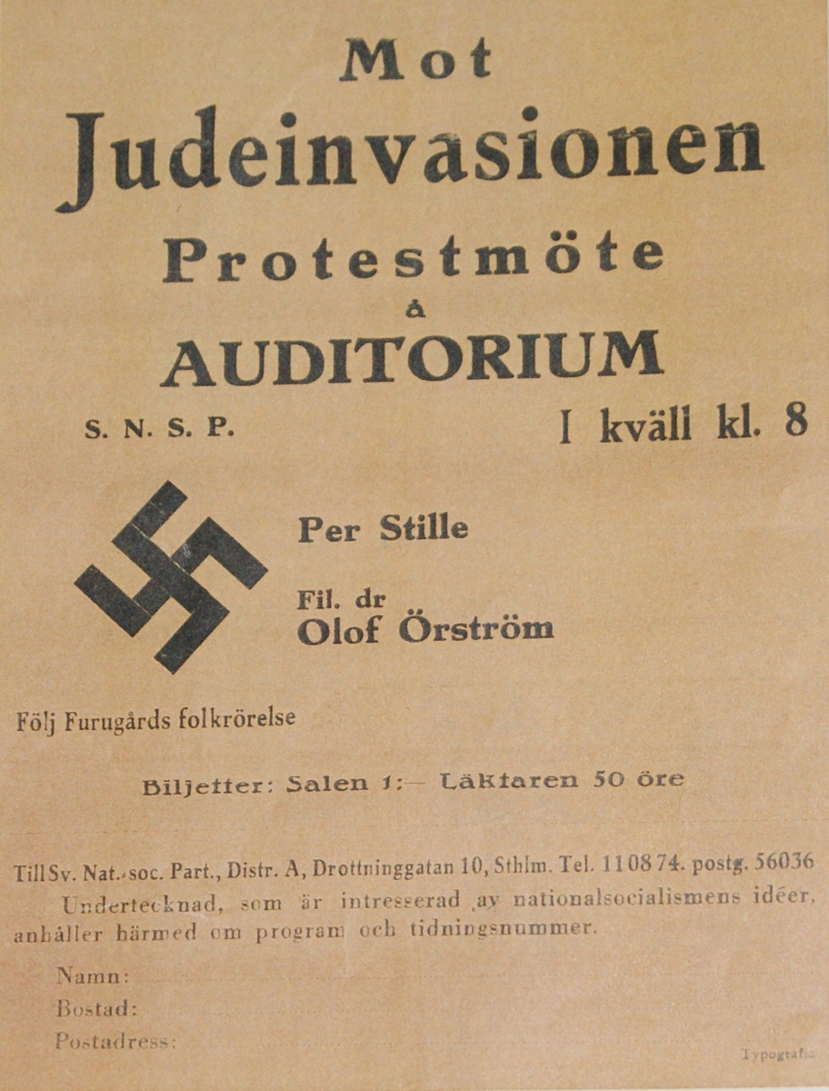Diabild föreställande affisch för protestmöte mot judeinvasionen.