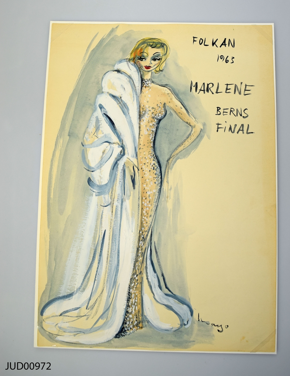 Skiss till Marlene Dietrichs dräkt, en vit kappa och glitterklänning, för uppträdande på Berns.