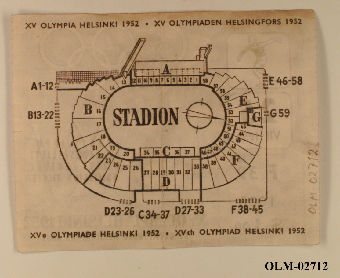 Inngangsbillett til friidrettsøvelser den 25.07.1952 i Helsinki.  Til venstre et bilde av en diskoskaster, dato, setenummer, pris og et bilde av en sprinter med de olympiske ringene i bakgrunnen. På baksiden en oversikt over stadion.