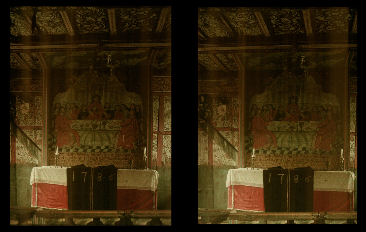 Uvdal stavkirke. Altertavlen er et veggmaleri som fremstiller nattverden. Tilhører Arkitekt Hans Grendahls samling av stereobilder.