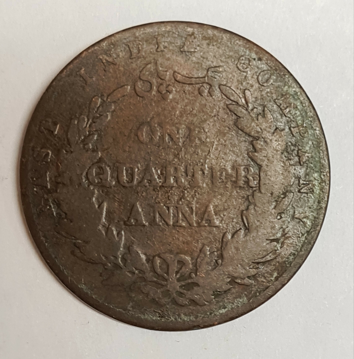 Tre mynt från Indien/Storbritanien.
1/4 Anna, 1835
1/4 Anna, 1858
1/4 Anna, 1858