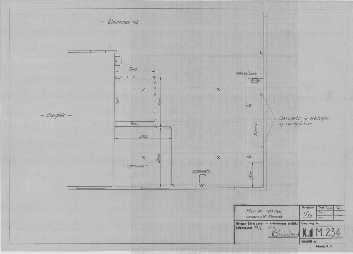 Arbeidstegning på kalkerpapir av plan av verkstedog lokmotivstall i Marnadal. (original)
KdM 234
Kristiansand 29/1-1944
Format A3