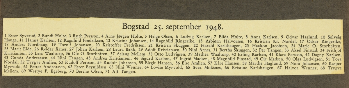 Westye Parr Egeberg har samlet alle medarbeidere til avskjedsfest på Bogstad gård 25.september 1948. Blandt deltakerne er mangeårige medarbeidere som "Dada" Gunda Andersen, formann Ludvig Karlsen, kusk/sjåfør Rudolf Persson og sjåfør Kristian Skuggen.