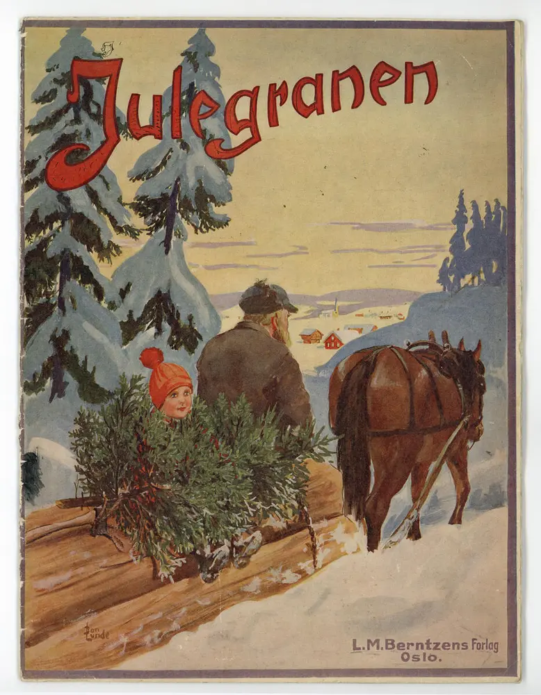 Forsiden på et julehefte - hest som drar tømmerlass. Gutt sitter på lasset med julegran på fanget