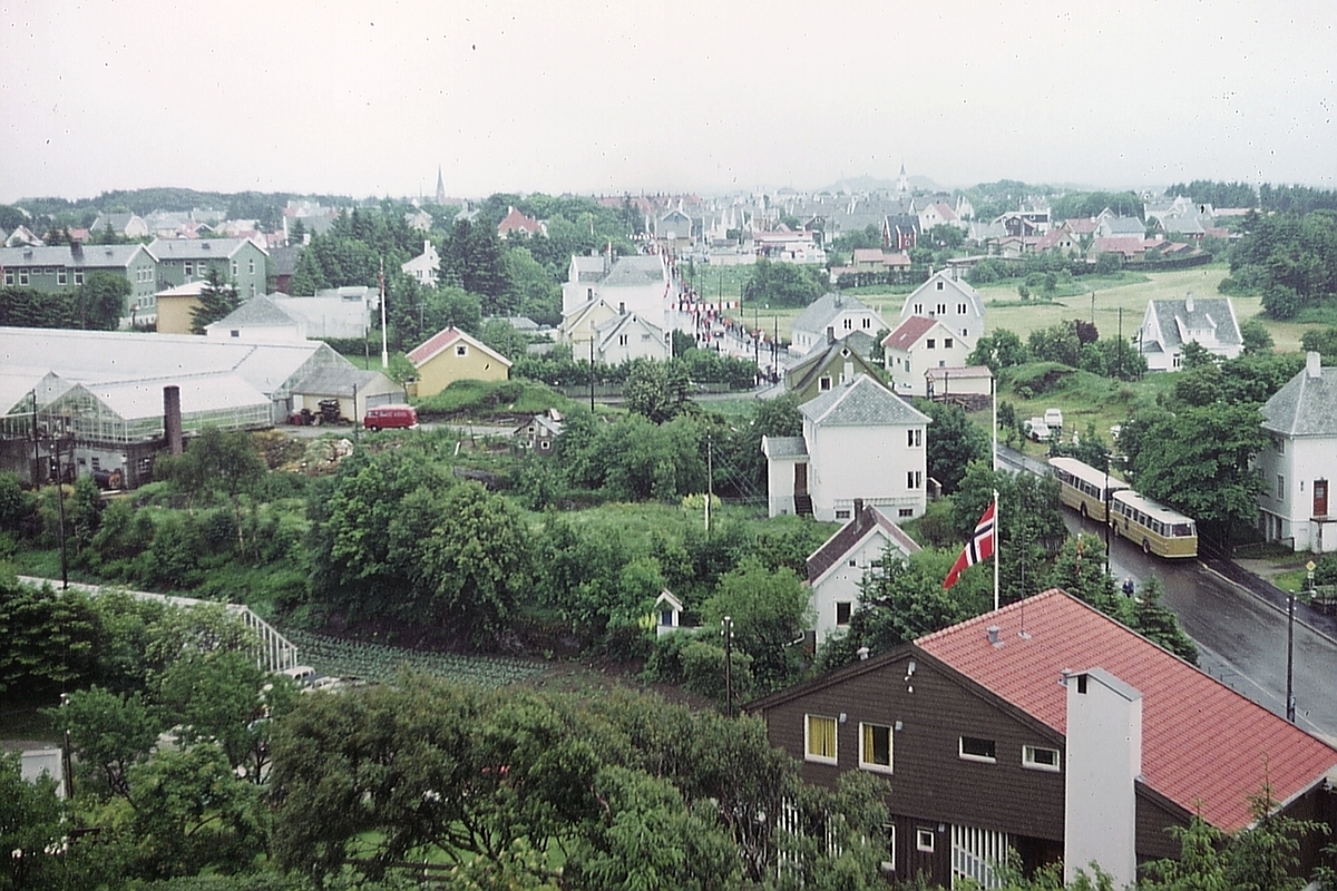 Utsikt fra Sjåberg mot sør. Bildet er tatt i anledning 100-årsjubiléet for Haraldsstøtta, 18. juli 1972.