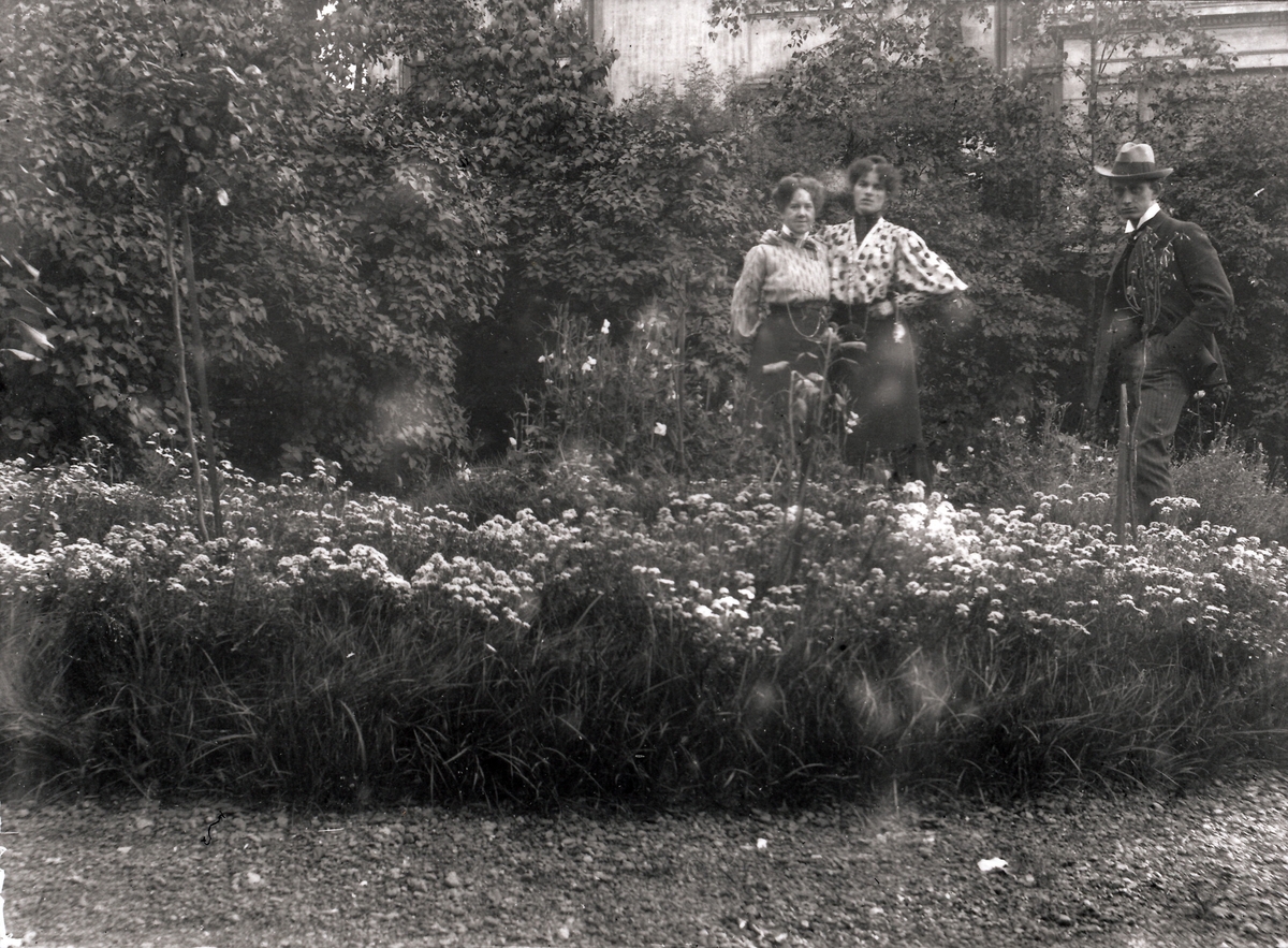 To kvinner og en mann står i en hage.  I forgrtunnen et stort blomsterbed. Store bygning av tre i bakgrunnen (bybebyggelse). Kvinnene er iført bluser med skinkeermer og lange skjørt. Mannen er iført vidbremmet hatt, dressantrekk og skjorte med oppstående snipp.