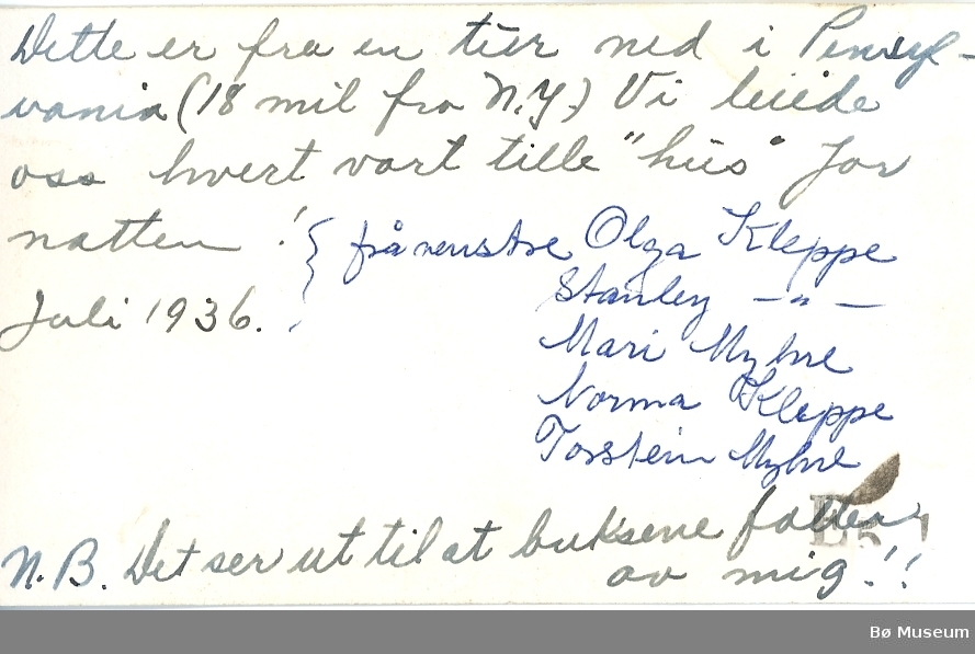 Campingtur til Pensylvania 1936: F. v Olga Kleppe, Stanley Kleppe, Mari Myhre, Norma Kleppe, Torstein Myhre