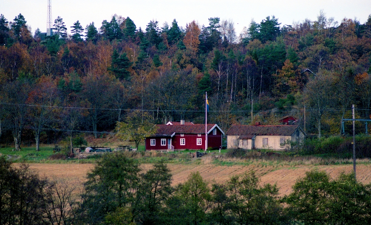 Gårdarna i Långåker, fotograferade med teleobjektiv från Labackaåsen cirka 1985 - 1990. Till vänster Hembygdsgården Långåker 1:3 och till höger Långåker 1:2 "Davids", "Derras".