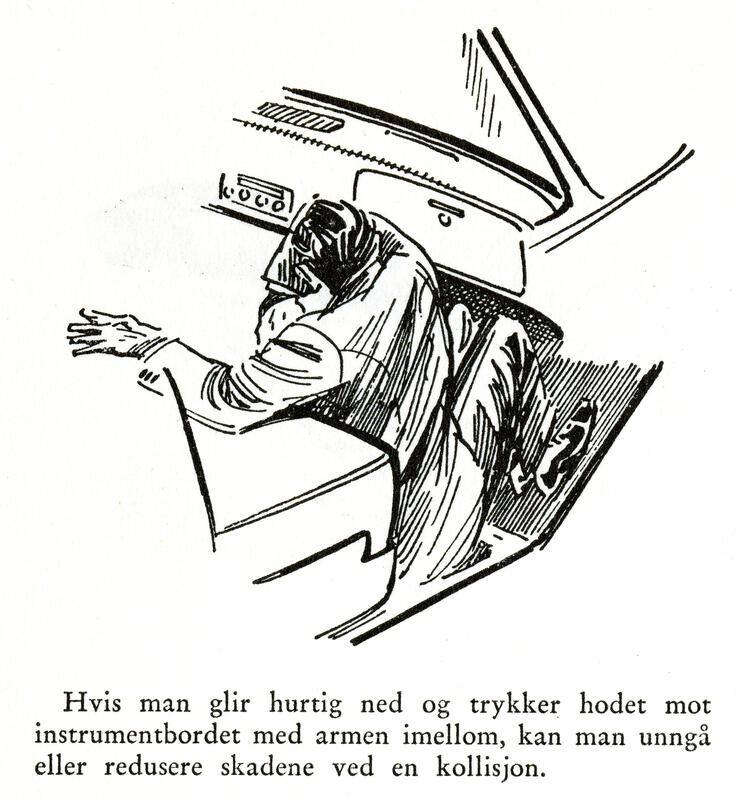 Illustrasjon av en mann som trykker hodet mot instrumentbordet i en bil med armen i mellom for å hindre skader i en kollisjon.