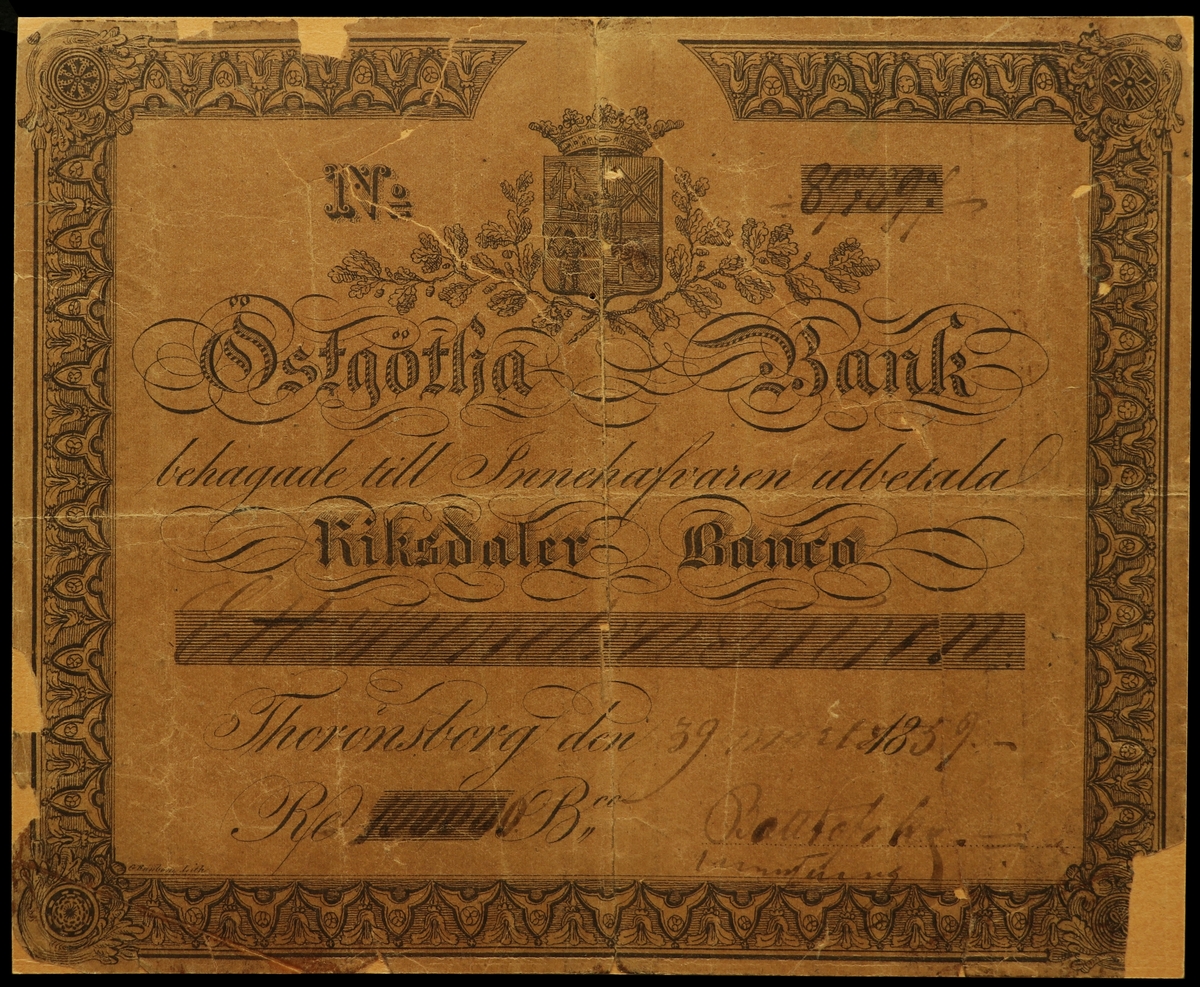 Två assignationer/checkar tryckta för Thorönsborg mot utbetalning i Östgöta Bank. Checkarna är uppklistrade på en kartong. Båda checkarna är i ifyllda och är daterade 1855 och 1859. En av checkarna har tidigare varit tejpad. Trasiga hörn.
Troligtvis original.