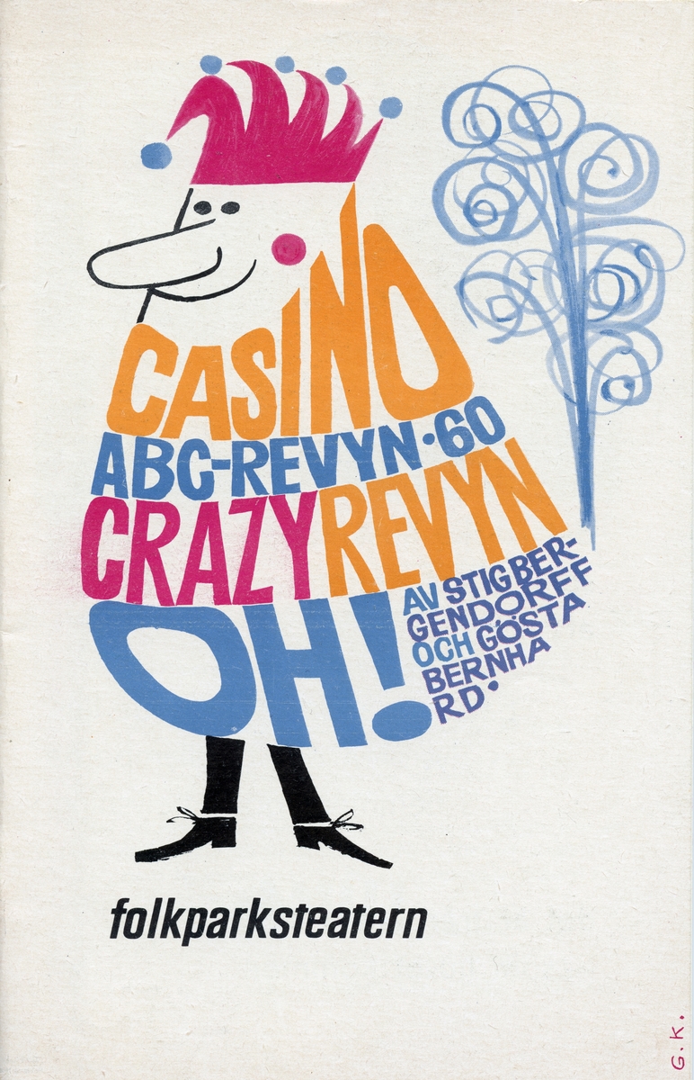 Program för 1960 års uppsättning av ABC-revyn vid namn "Casino Crazy Revyn OH!" Framsidan är en illustration där titeltexten utgör kroppen på gycklare. Längst ner står det Folkparksteatern. Häftat. Inlaga på 20 sidor som innehåller information om föreställningen och annonser.
Tillstånd vid förvärv: Gott skick.