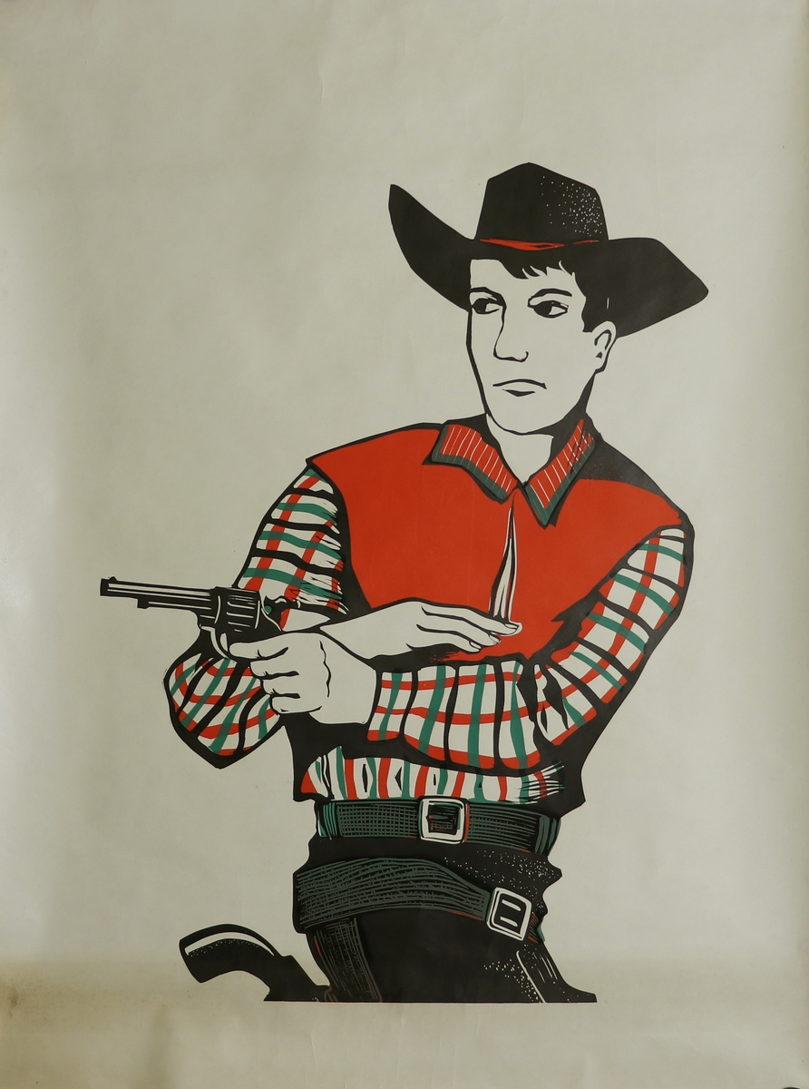 Affisch med en illustration av en cowboy, tryckt på två papper. Cowboyen har en cowboyhatt, röd och grön tröja och håller i en pistol. En till pistol sitter i ett hölster på mannens höft. Grön mark och i bakgrunden siluetten av ett hus och en sol påväg upp eller ner.