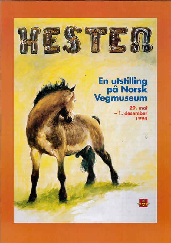 Plakat for utstillingen. Bilde av et føll med utstillingstittelen "Hester" over.