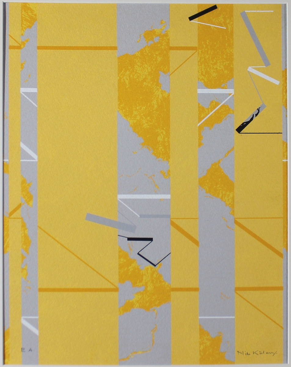 Bilden har ett kartliknande motiv med grått "hav" och  gul "landmassa", breda gula vertikala linjer över bilden.
