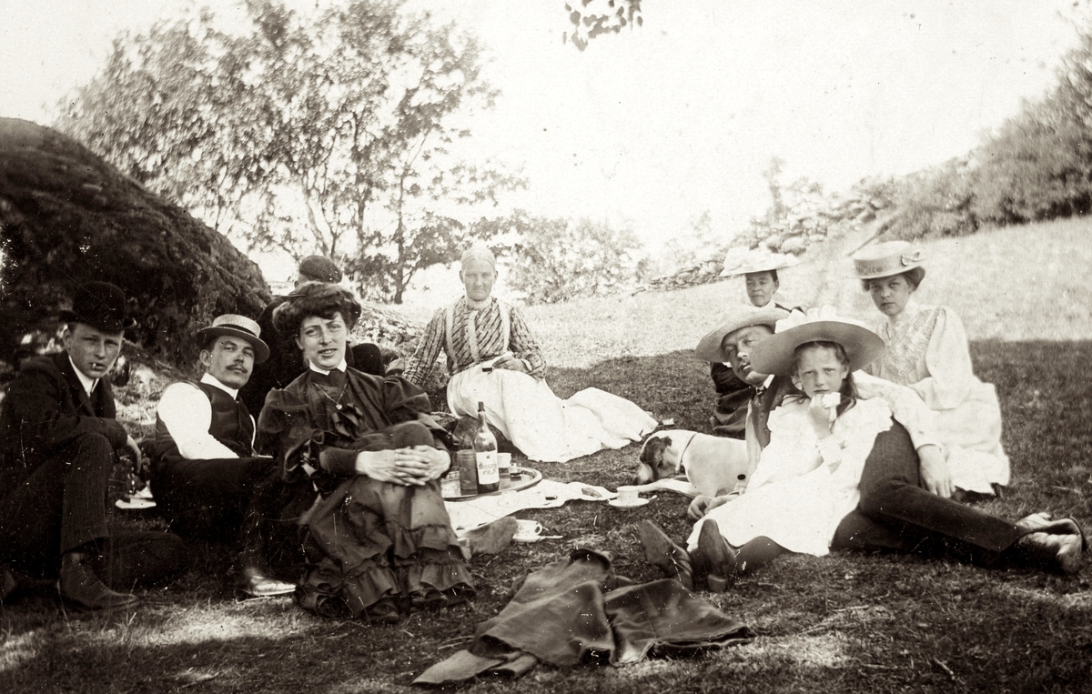 Fikastund utomhus vid Livered 1:15 "Majas", cirka 1910 - 1920. I mitten sitter Emma Andersson (1854 - 1931, Livered) i vit kjol omgiven av uppklädda sommargäster som hyrde vid "Majas".