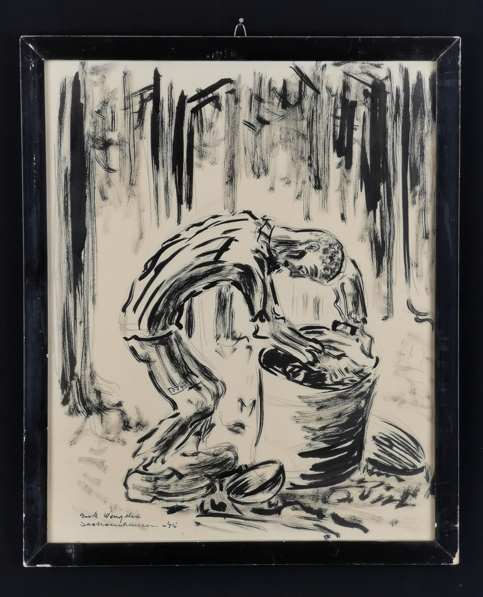 Fange som står bøyd over matkjele. Motivet likner Wengelins bilde "Kjeleskraper" som fins i Nasjonalmuseet.
