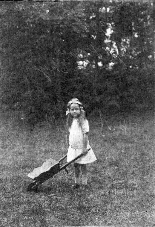 En liten flicka med rosetter i håret står på en gräsplan med en barn-skottkärra händerna.