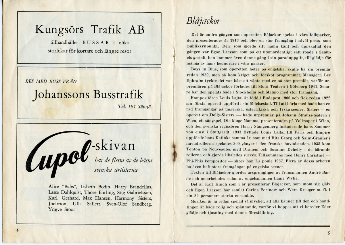 Program för Centraloperettens uppsättning av "Blåjackor" från 1950. Innehåller information om föreställningen och reklam.